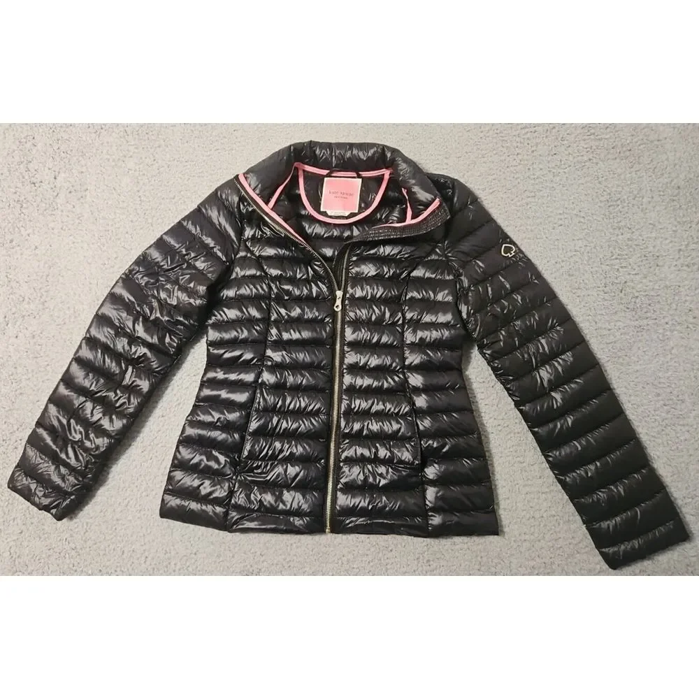 Kate Spade‎ Down Puffer Hooded Black Jacket Womens Size XS Heart